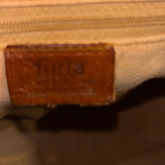 FURLA BRAND DARK TAN FLORAL CLOTH BUCKET LSTYLE BAG WITH LEATHER TIE CLOSURE❤️ - Picture 4 of 16